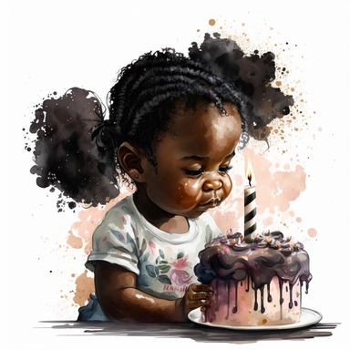 a first birthday cake with watercolor effect,a little happy black girl blowing out the candle,suitable for digital clipart,white background,a one birthday candle on the cake