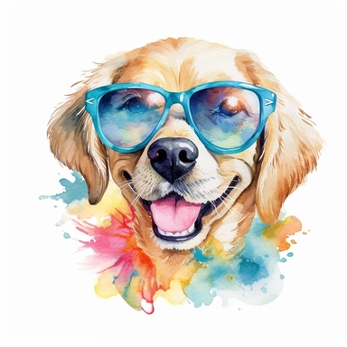 summer, dog with sunglasses, clipart, watercolor, no background, white background, dog