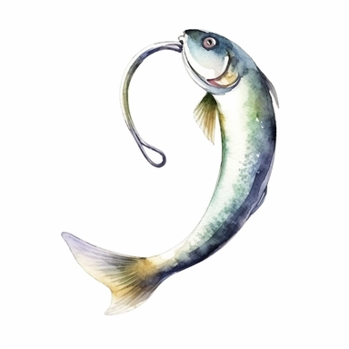 Watercolor fish hook clipart, white isolated background, space out, hd