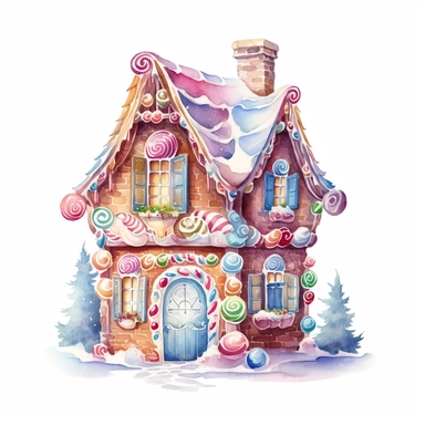 watercolor beautiful vintage Christmas gingerbread house candy house with icing fantasy clipart, whimsical, detailed watercolor style, on white background