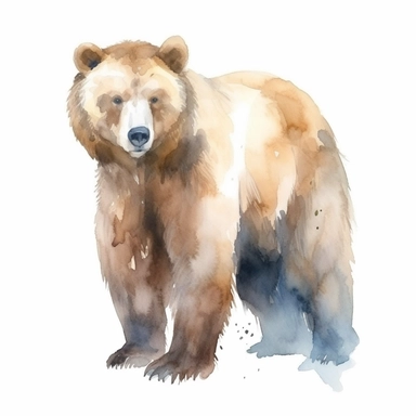 Brown Bear Watercolor isolated on white background, Watercolor Clipart painting, high quality, HD, children's book illustrations, realistic lifelike figures, white background