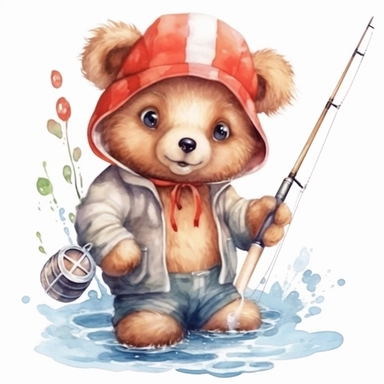 happy big eyes baby teddy bear wearing clothes fishing salmon clipart watercolor style in nature bright colors white background colorful