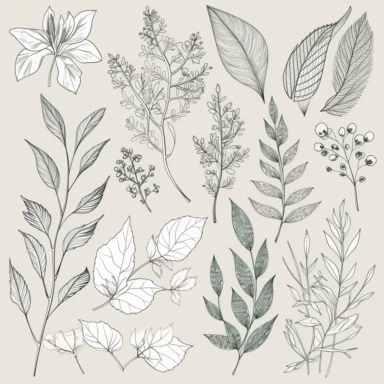 simple vector illustration, botanical, leaves and branches, leaf, branch, silhouette, elegant, outline, hand drawn, clipart svg, all white background