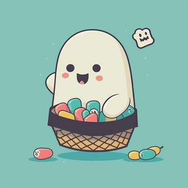flat clipart single color background happy ghost cute with basket of candy