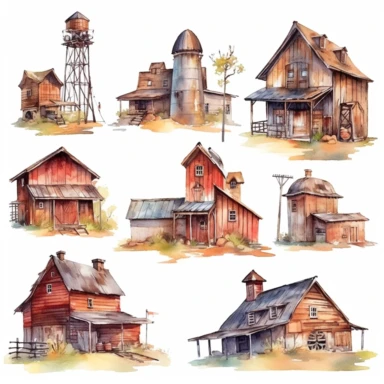 watercolor Old west style barns, illustrations clipart set, simple, , cartoon elements ,different variants , separate elements with a margin