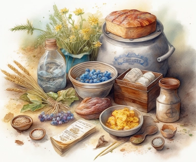 illustration watercolor art of baking ingredients Dough Flour Butter Cinnamon, forget-me-nots, provence, meadow, many small and colorful particles, masterpiece by Jean-Baptiste Monge style and by Ivan Fedorovich Choultse style and Hans Zatzka style and Vladimir Kush style, rococo style, PNG clipart, isolated on white, extreme photorealistic details, 32k HD resolution, realistic high detailization high resolution