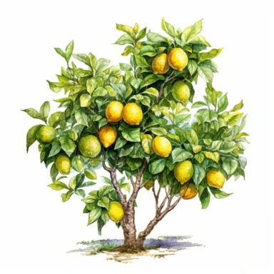 lemon tree, in the style of photo realistic and hyper-detailed watercolor, sketchfab, ahmed morsi, realistic watercolor, use of common materials, handcrafted designs, clipart with white background