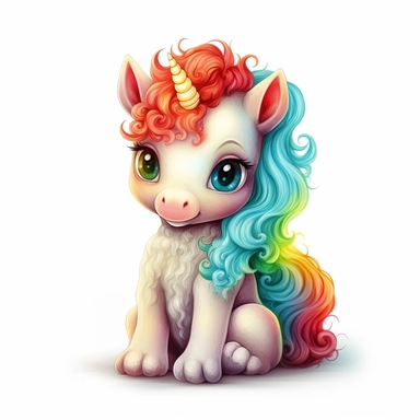 Cute Beautiful Happy Face Rainbow Baby Unicorn is sitting full body Sublimation Clipart ,Cartoon,hyper realistic, intricate detail, illustration style,high solution,on the white background