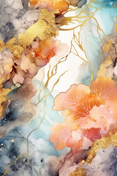 beautiful gorgeous alcohol ink of gold serene nature scene with a central focus on a coral reef, gentle wave , minimalist style, crystals, glam, glossy, glitter texture, liquid ink clipart, modern and stylish design, bright colors, 300 dpi, clear decoration, clear white background, highly detailed digital art, 8k
