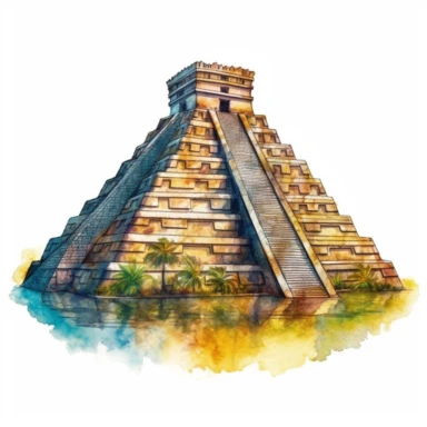 Chichen Itza Pyramid in Mexico in the style of Watercolor Clipart, White Background