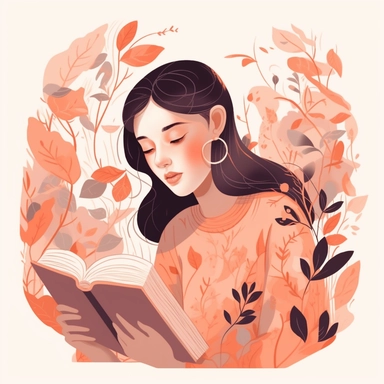 vector design, image of a woman, taking her final education exam with a book, flat modern illustration, clipart, white background, nature study, in the style of warm color palette, natural pastel colors, orange and pink prevail, object portraiture specialist, animated illustrations, by atey ghailan
