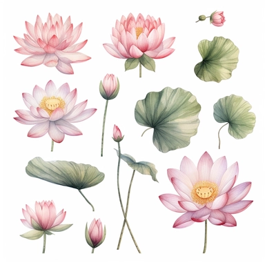 Delicate watercolor clipart set featuring different pink flower species, portrayed from various angles, arranged in a composition that appears as if the flowers are gently floating in a tranquil pond, a symbol of serenity, reflection, and the profound connection between nature and the human soul, clipart on a white backdrop.