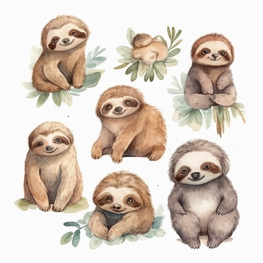 Lovely watercolor set of baby sloth clipart, in different positions, by walt disney, white background