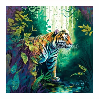 The holographic rainforest is alive with vibrant colors and natural beauty, illuminated by inviting lighting that captures every detail. In the midst of the lush greenery, a majestic tiger prowls through the underbrush, adding a sense of excitement and wonder to the scene. Watercolor. Clipart. brings the rainforest to life in a unique and captivating way, creating an eye-popping display that is sure to amaze. The best view composition transports the viewer right into the heart of the jungle, whe