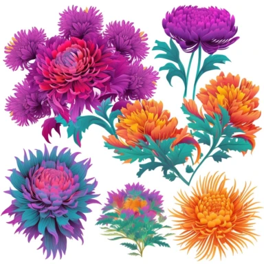 clipart set of synthwave flowers, kaffe fassett, Master of the Embroidered Foliage, behance winner high detail, psychedelic, isolated on a white background