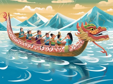 new year dragon boat traditional clip art, in the style of narrative-driven visual storytelling, quito school, illustrated advertisements, creative commons attribution, digitally enhanced, storybook illustration, 2d game art