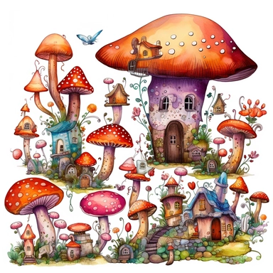 Create a collection of clipart featuring a magical world filled with enchanted mushrooms and whimsical creatures. Draw towering mushrooms with glowing caps, and tiny fairy-like creatures flitting around them. Use a white background and separate each element so they can be easily incorporated into any project. Add other fantasy elements such as castles, dragons, and unicorns to complete the scene. Let your imagination run wild with colors and details, bringing your mystical world to life.