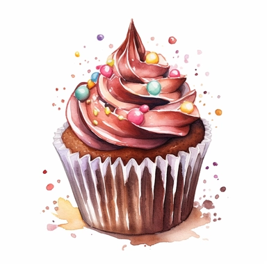 clipart of a delicious cupcake with sparklings and chocolate frosting, white background, watercolor, high details, crisp details