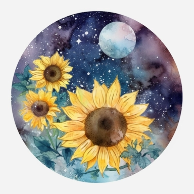 watercolor clipart galaxy in disk florets of sunflowers , high detail, realistic style,