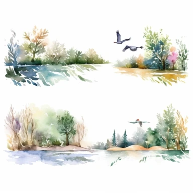 watercolor hunting scene in forest or fields with lake in vicinity where bird flocks take off in numbers , illustrations clipart set, simple, , cartoon elements ,different variants , natural elements, separate elements with a margin, ,4k, high resolution,
