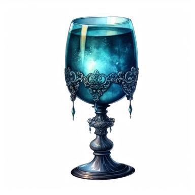 watercolour Victorian Gothic fancy wine glass, dark Gloomy shades of aqua blue mysterious, fantasy, highly detailed, 32k, isoplated on a white background, clipart