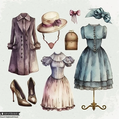 watercolor vintage boutique retro victorian fashion clipart, white background, spaced out, hd--v 5