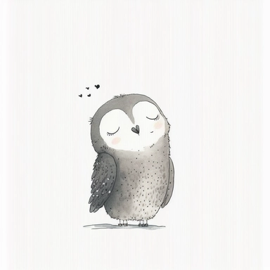 a minimal doodle of a happy adorable great grey owl, watercolor and ink drawing, clipart, happy, gentle smile, beautiful watercolor ink wash coloring, thick pencil lines, Jon klassen, Adrian tomine, popular on etsy, watercolor illustrations clipart, watercolor illlustrations for kids and children, book illustrations, plain white background