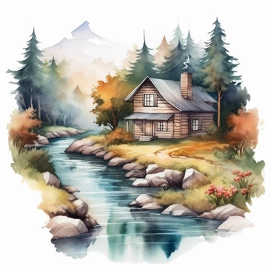 Watercolor Mountain far away, Forest House Near Creek Clipart