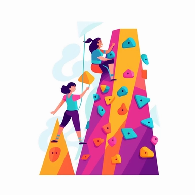White background: discreet and minimalist, cute female leads climbers on the climbing wall , vector, sticker, isolated on white background, vibrant colors, lisa frank Clipart style. Simple, flat, 2D design with bold lines and a clear, make it cute.