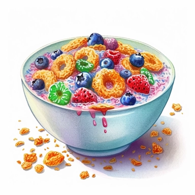 a delightful watercolor, hyper-realistic clipart image with a white background and white margins, showcasing a bowl of crunchy rice cereal with a splash of milk. The ultra-detailed, hand-drawn elements capture the texture and colors of the cereal pieces. Use whimsical touches to add a touch of playfulness, and bold shades of various colors to create a visually appealing and satisfying image.