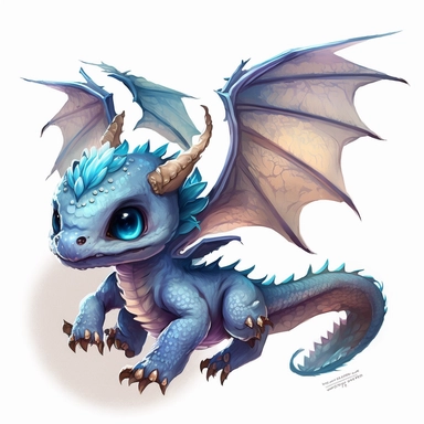 digital watercolour painting of a cute, light-blue baby dragon flying, full body shot, clipart, white background, no background, super cute, long pointed snout, happy, world of warcraft, mcfarlane dragons, how to train your dragon