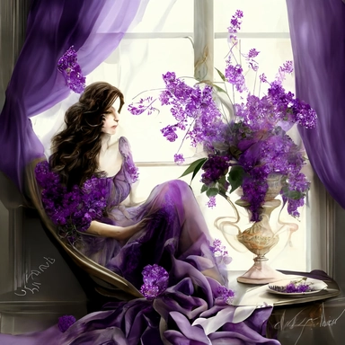 beautiful bouquet of purple flowers in large crystal glass vase, on a table in front of a large vintage window with flowing drapes, romantic, shabby chic, beautiful brunette lady, long hair, sitting in large winged upholstered chair reading, romantic, ethereal, clipart style, better defined face