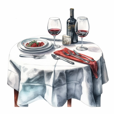 watercolor, hyper realistic, white background, white margins, 16k, ultra detailed clipart, cut out image, hand-drawn illustration style for picture books a bistro table setting with warm red accents, featuring a cloth napkin, a wine glass, and silverware.