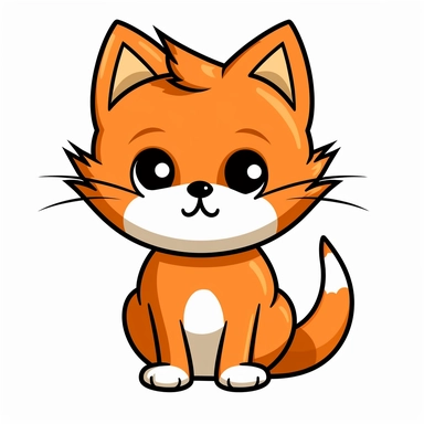 Generate a cute cartoon orange cat clipart with a white background. The cat should be facing forward and have large round eyes and a small triangular nose. The ears should be pointy and slightly tilted backwards. The fur should be smooth and have a light pastel color, and there should be no shadows, borders, or watermarks. Please ensure that the image is crisp and sharp