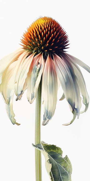 Watercolor Painting of SINGLE STEAM Coneflower FLOWER on white background beautiful multi - headed pale, Flora Design Patterns, Flemish Baroque by Rachel Ruysch, Behance, Rococo, Intricate Detailed, Soft Light Effect, Oil Paint Strokes, Light Academia Aesthetic Flowers, Lighting cinematic, all shown shimmering stamens, tyndall light, light effect, texture, colorful, 8k, fantasy, ray tracing, depth of field, vivid, spectacular lighting, octane rendering, highly detailed, ultra - realistic, white 