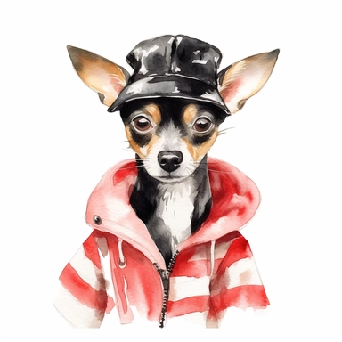 An adorable watercolor clipart of a Doggy Diva wearing a fashionable outfit, black and white Rat Terrier