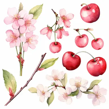 watercolor clipart set cherries attached to cherry blossoms