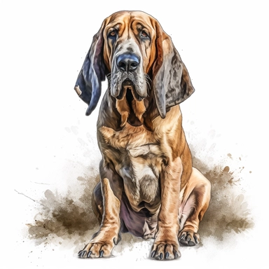 bloodhound watercolour paintingsitting realistic yet stylized, digitally enhanced, clipart, 32k uhd, detailed crosshatching white background