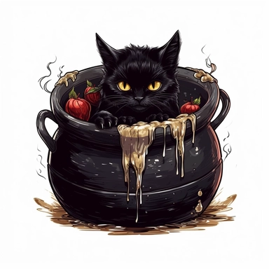 c drawing black cat inside a witch cauldron, clipart, white background