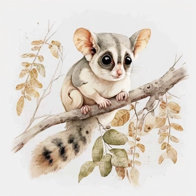watercolor clipart of Tiny and adorable sugar glider, gliding from the tree, super cute, loveable, white background