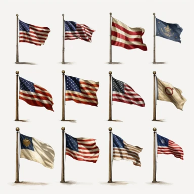 a clipart gallery of United States Flags, world war 2, oil painting, white background, photo realistic, gritty realism