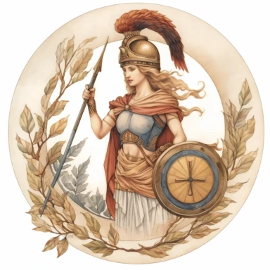 A watercolor clipart of Athena, the Greek goddess of wisdom and warfare, depicted with a determined expression and a wise gaze, adorned with a helmet and holding a shield and spear, surrounded by olive branches and symbols of knowledge, representing her intellect and strategic prowess s 750