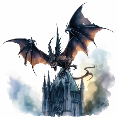 Clipart, watercolor, white background: A gothic dragon with bat-like wings and elongated claws, perched atop a gothic cathedral, overseeing the night with an air of foreboding