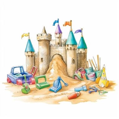Highly Detailed image of watercolor style clip art style staged sand castles with beach toys and kids additional accessories on a white background