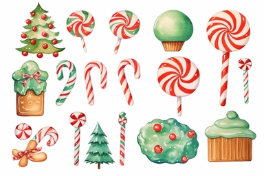 watercolour of a variety of Christmas Candies and cookies. Red and Green Gumdrops, Candy Canes, Peppermints, ginger breads, ribbon candy, clipart variations, simple, vector, 8k