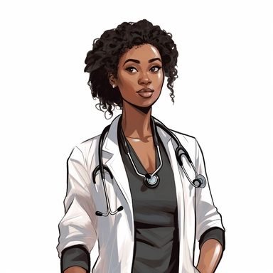 Black Woman in doctor uniform clipart in the style of vector art, white background