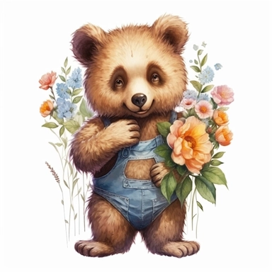 Cute Beautiful bear holding a flower Sublimation Clipart, Cartoon, hyper realistic, intricate detail, illustration style, high solution, on the white background