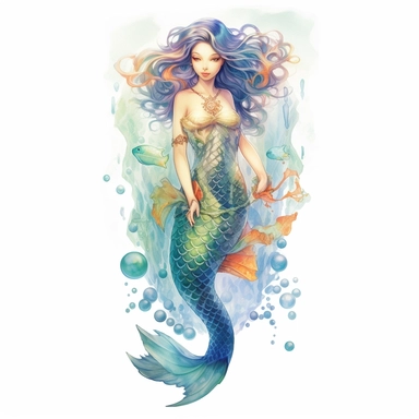 a cute Full body mermaid swimming under water floating with beautiful fish tale Fantasy Portraid Watercolo Clipart by Renato Muccillo and Andreas Rocha, Easy to Cut, Beautiful Colored Illustration, Watercolored Pencil, Intricate Details, 8K, white Background