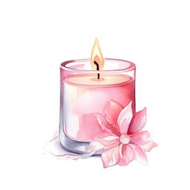 a watercolour clip art of unlit lightpink scneted candle with a yoga design glass on a white background
