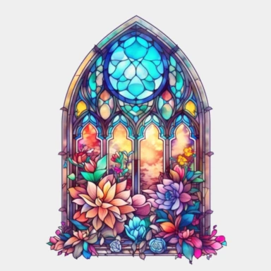 an intricate stained glass window design clipart, in the style of pastel gothic, #screenshotsaturday, reimagined religious art, multiple shapes,islamic art and architecture, watercolor illustrations, no background, vibrant colors, sunshine coming in through the glass, flowers at the bottom, high resolution, 8k